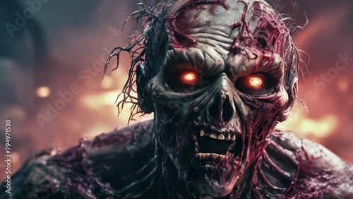 animation - Terrifying zombie with glowing red eyes and gruesome features photo