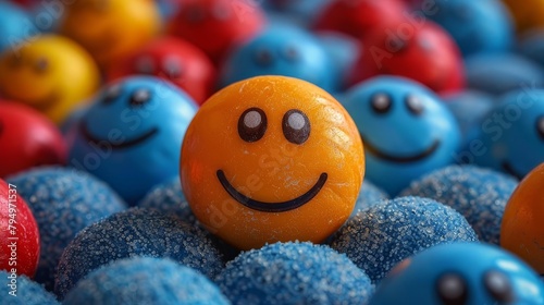 A bunch of blue and red gumballs with one yellow gumball in the middle. photo