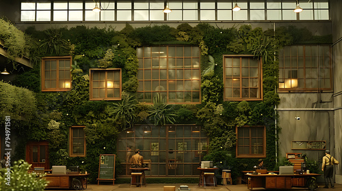 Eco-friendly corporate office, green walls and solar panels, employees enjoying a sustainable workplace -
