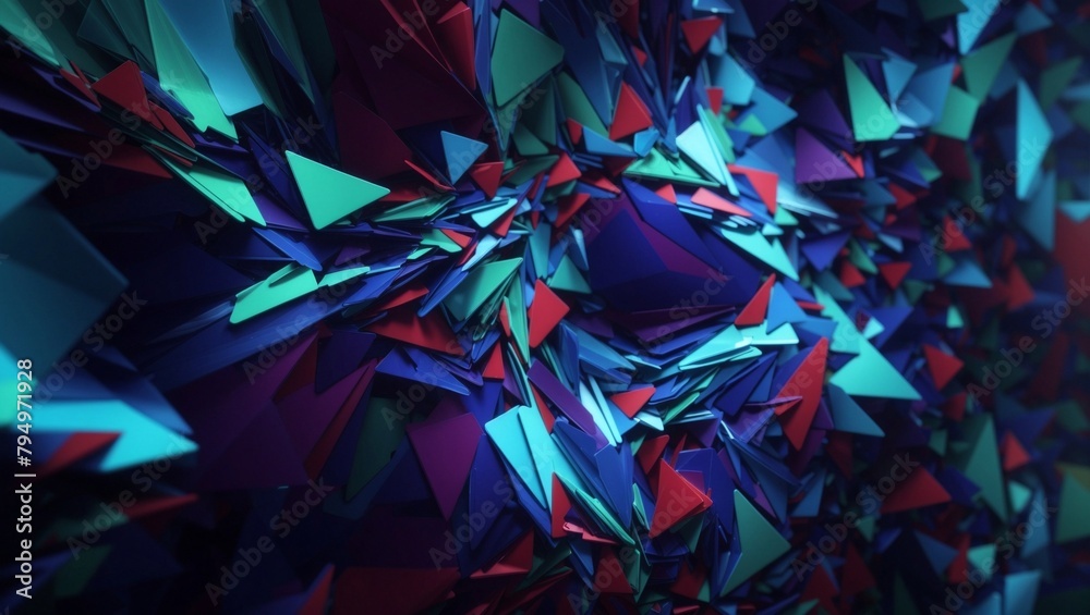 Colorful Abstract Background with Triangles and Festive Elements like Christmas Decorations, Gifts, Bows, and Shiny Gems in Blue and Silver Tones Colorful Abstract Background with Triangles and Festive Elements like Christmas Decorations, Gifts, Bows, and Shiny Gems in Blue and Silver Tones