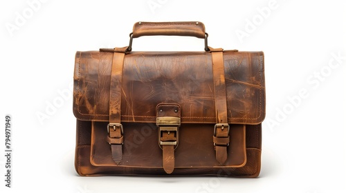 Brown style leather classic briefcase, luggage on white background