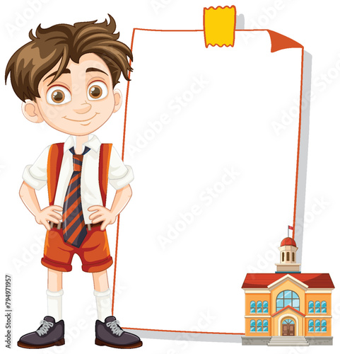 Cartoon schoolboy with empty scroll and school building