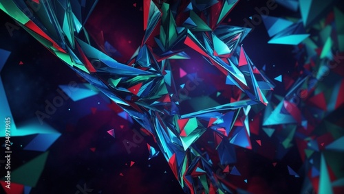 Colorful Abstract Background with Triangles and Festive Elements like Christmas Decorations, Gifts, Bows, and Shiny Gems in Blue and Silver Tones