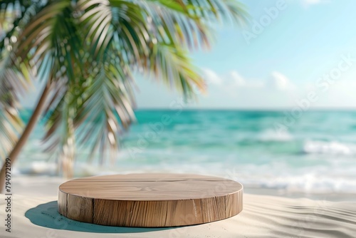 Wooden podium at sea tropical beach. Summer product display background.