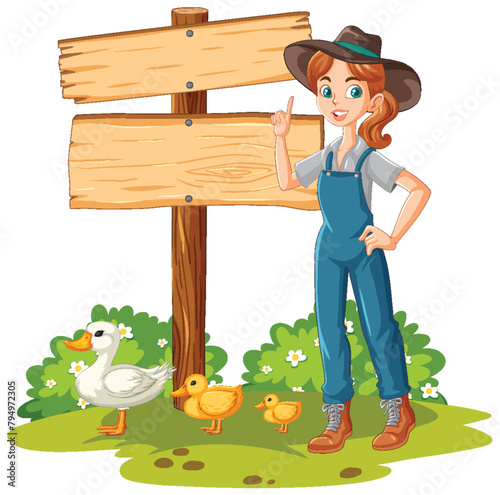 Cartoon farmer standing next to a sign with ducks.