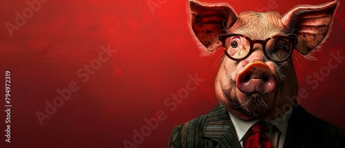 A cartoon satire of a greedy wealthy corporation manager portrayed as a pig. Concept Character Design, Cartoon Satire, Wealthy Manager, Corporate Greed, Pig Character photo