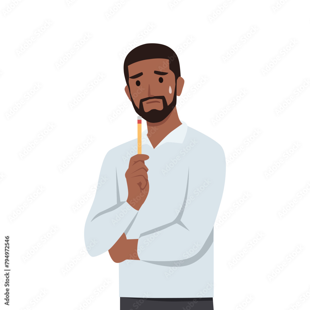 Young black man character Confused with pencil on his chin. Flat vector illustration isolated on white background Young black man character Confused with pencil on his chin. Flat vector illustration isolated on white background