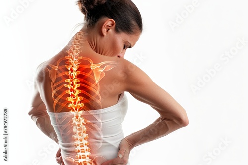 A woman clutching her back in pain, with a skeleton looming behind her