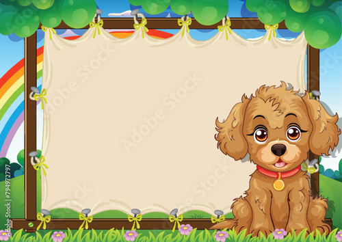 Adorable brown puppy sitting in a vibrant garden.