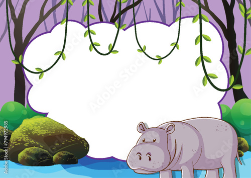 Cartoon hippo standing near a water pond