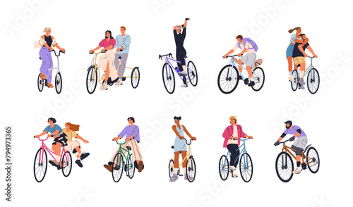 Happy characters on bicycles set. Young active people bikers enjoying bike ride. Excited joyful funny cyclists in motion, pedaling, cycling. Flat vector illustration isolated on white background photo