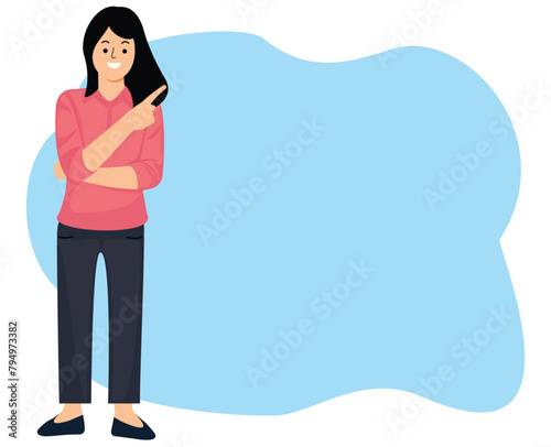 portrait woman smiling standing showing finger to blank space for promotion or advertisement concept