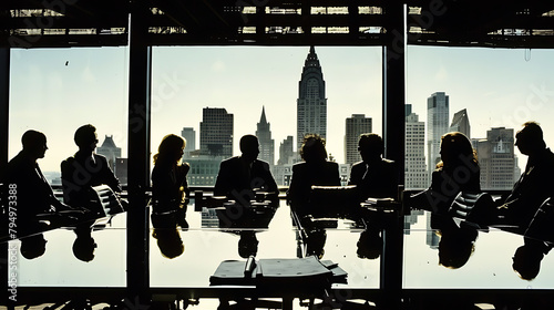High-powered business meeting, diverse professionals gathered around a high-tech table, city skyline view - (2) photo