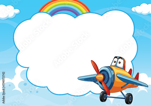 Colorful airplane with eyes flying in a cloudy sky.