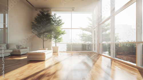 A large open living room with a large tree in the middle and a couch on the left side © Bouchra