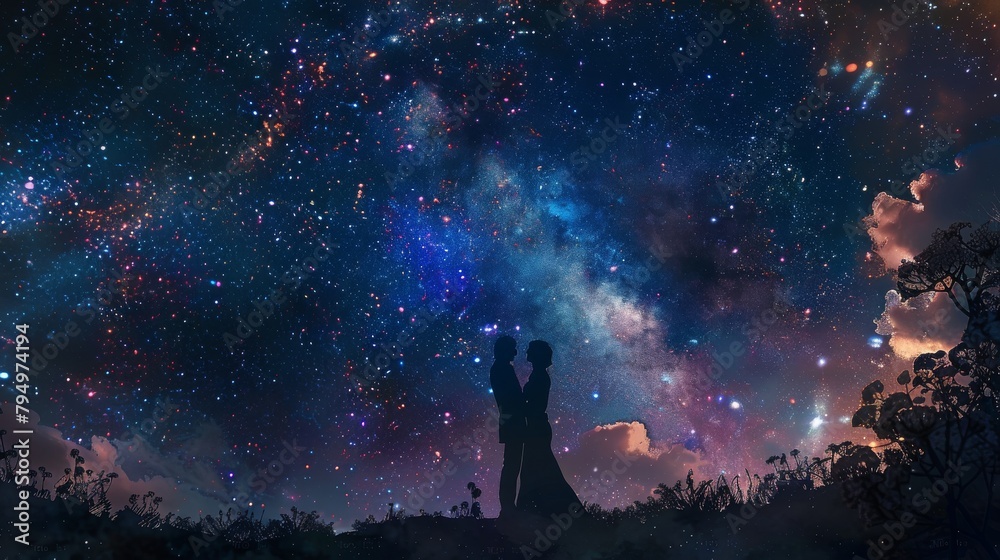 Everlasting love portrayed in a couple's embrace under a starry sky