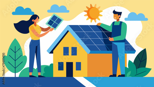 A couple installing solar panels on their home saving on electricity costs while also utilizing renewable energy sources.