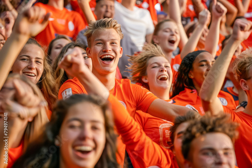 Dutch football soccer fans in a stadium supporting the national team, Oranje 
 photo