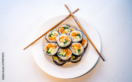 closeup view of Korean food Kimbap rolling rince on a plate photo