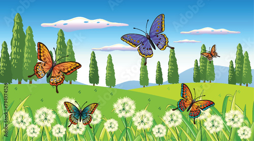 Colorful butterflies flying above dandelion field