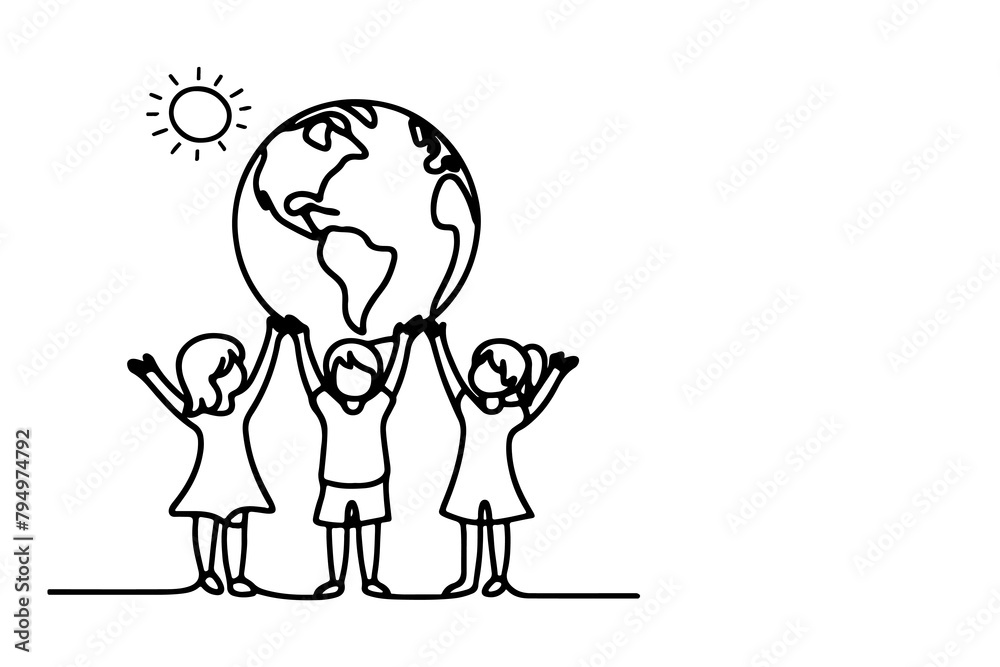 Continuous one line drawing smiling children holding earth globe outline doodle linear happy children day concept vector on white