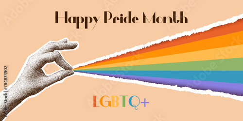 LGBTQ+ pride month banner in contemporary halftone collage style with torn paper effect. Trendy vector background with hand and rainbow flag for poster, header of website, social media.