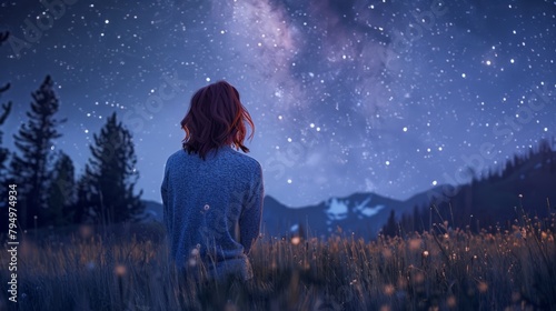 Lifestyle image of a young woman stargazing in the wilderness
