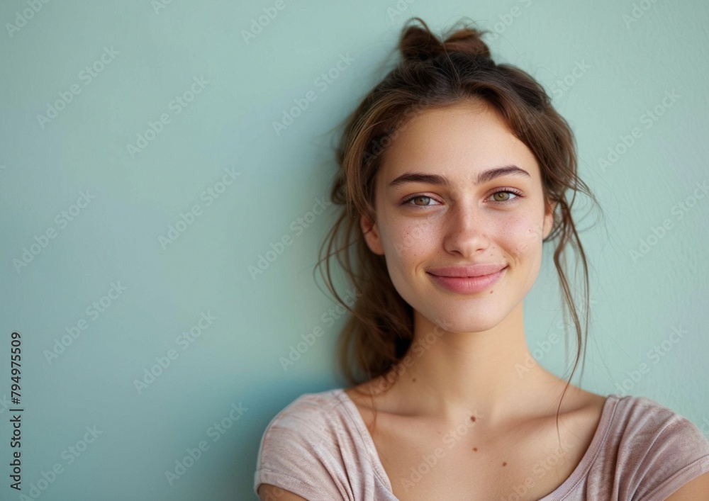 Portrait of smiling young woman lifestyle with light green color background. Portrait of smiling young woman lifestyle with light green color background.