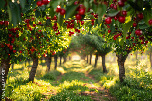 Beautiful cherry orchard. Red, clean, sweet-ripe cherries on the tree. Harvest time