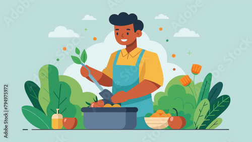 A satisfied community garden member cooking a meal with fresh homegrown produce feeling grateful for the reduced food expenses in their budget.