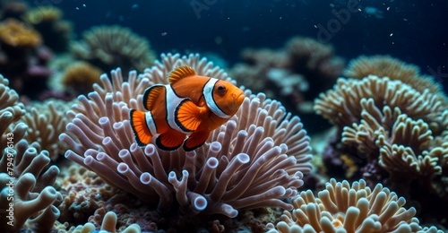  Clown fish swimming on anemone underwater reef background, Colorful Coral reef landscape in the deep of ocean. Marine life concept, Underwater world scene.