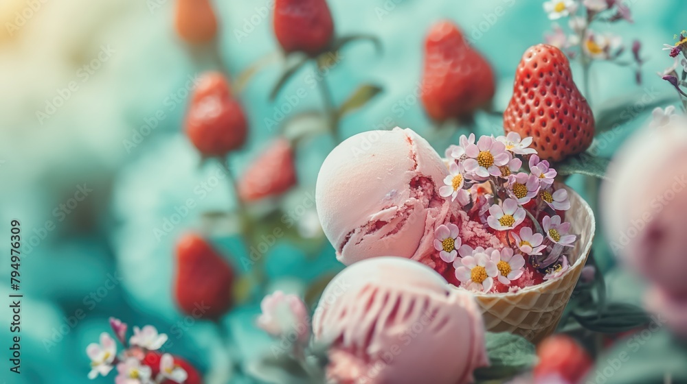 Strawberry ice cream scoop with fresh strawberries and mint. Generative AI Strawberry ice cream scoop with fresh strawberries and mint. Generative AI