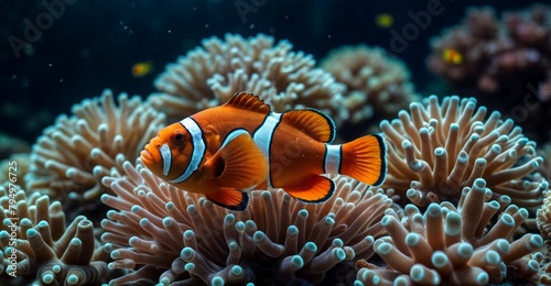  Clown fish swimming on anemone underwater reef background, Colorful Coral reef landscape in the deep of ocean. Marine life concept, Underwater world scene.