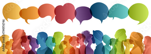 Communication across diverse cultures -  Multicultural dialogue represented by colored silhouette and speech bubbles of multiethnic individuals. Diversity equality inclusion concept