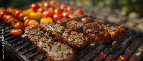 Grilling a Variety of Meats and Vegetables on a Charcoal Barbecue. Concept Charcoal BBQ, Grilled Meats, Vegetables, Outdoor Cooking, Food Photography