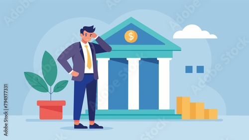 A businessman stands outside a bank talking on his phone and looking worried as he tries to negotiate a loan to cover unexpected expenses