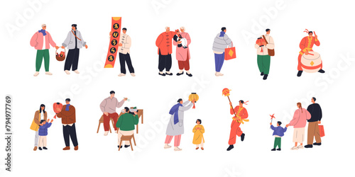 Chinese New Year celebration set. Happy people, family and friends celebrating China holiday party with food, lanterns. Asian street festival. Flat vector illustration isolated on white background