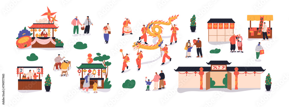 Chinese New Year festival celebration set. Happy people, street performance, market stalls, lanterns, ornaments. Asian holiday, oriental party. Flat vector illustration isolated on white background