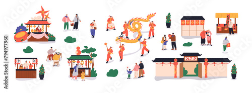 Chinese New Year festival celebration set. Happy people, street performance, market stalls, lanterns, ornaments. Asian holiday, oriental party. Flat vector illustration isolated on white background