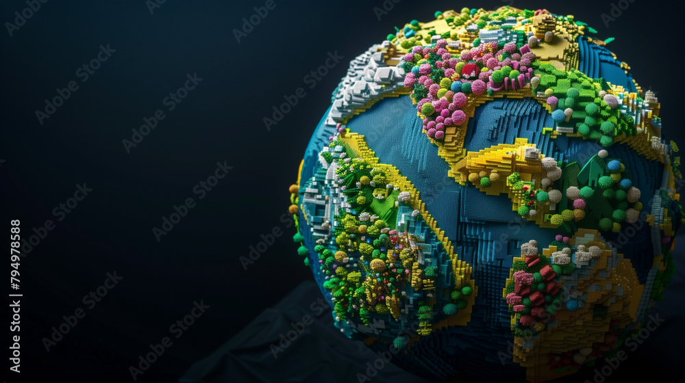 Artistic Globe Constructed from Building Blocks with Ecosystems