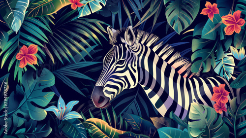 Zebra with Black and White Stripes in Green Jungle photo