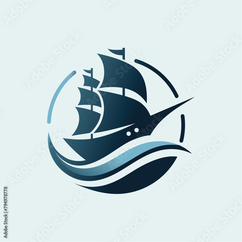 Ship at sea logo. Ship logo and waves in circle