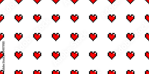 Pixel art red hearts on white background in grid seamless pattern