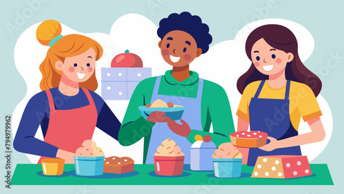 A group of teenagers baking and decorating sugar cookies packaging them in e containers to give out as delicious and inexpensive gifts to their