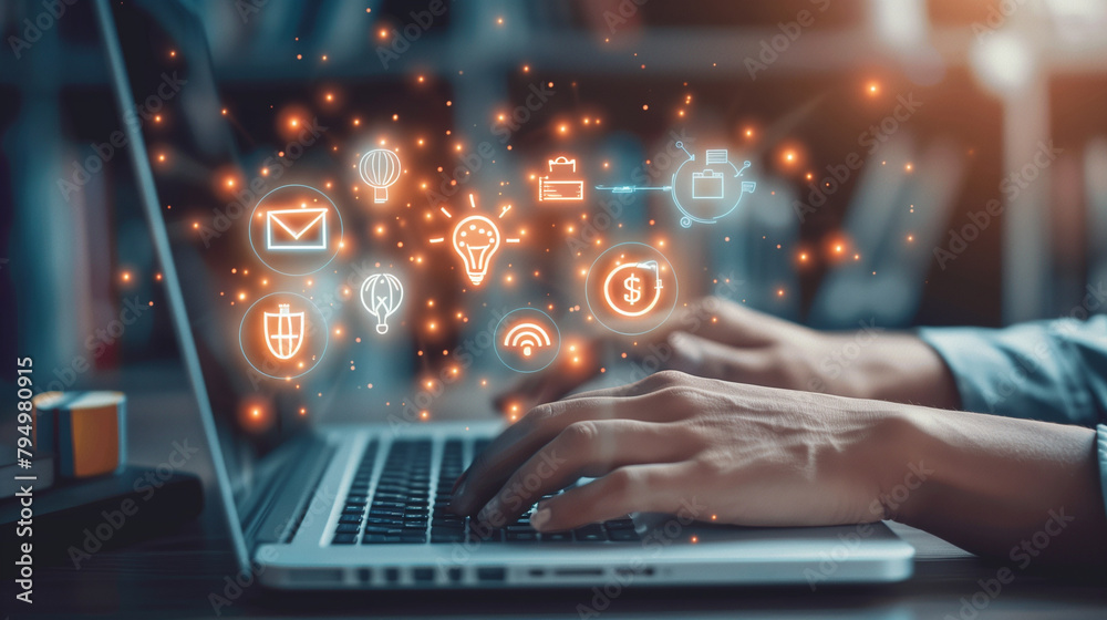 Digital Marketing Expert Analyzing Data Icons on Laptop Digital Marketing Expert Analyzing Data Icons on Laptop