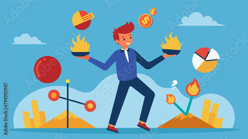 A cartoon showing a person juggling various types of investments with inflation represented as a fiery obstacle.