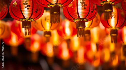 Jiufen old street with tourists walking and shopping .at night Traditional Chinese lanterns hanging along the narrow street.