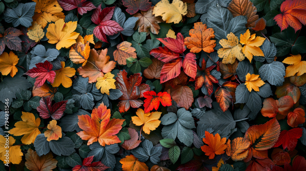 A close up of a bunch of leaves with a variety of colors, including red, orange
