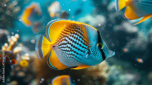 A fish with a blue and yellow stripe swims in the ocean photo