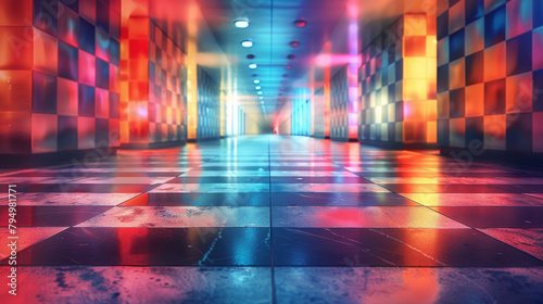 A long hallway with a checkered floor and neon lights